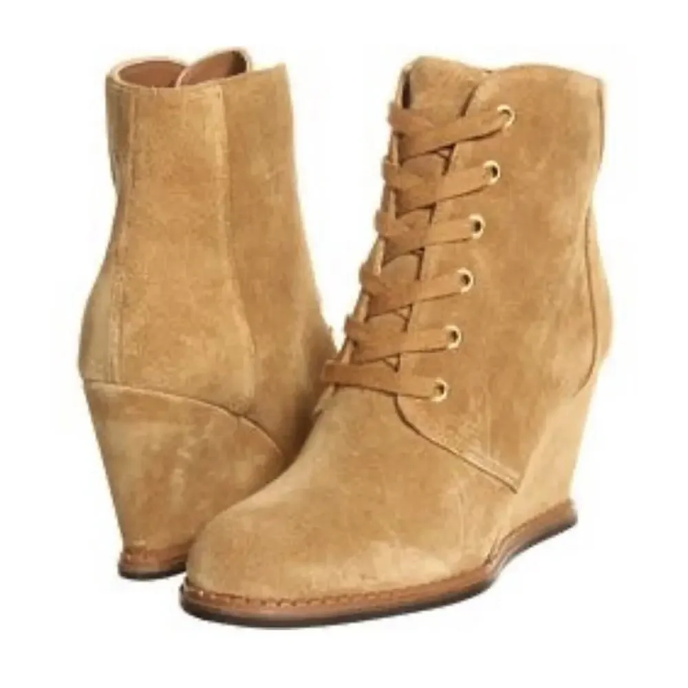 Kate Spade Size 7 Wedge Booties Saundra Tan Suede‎ Lace Up Boots New York